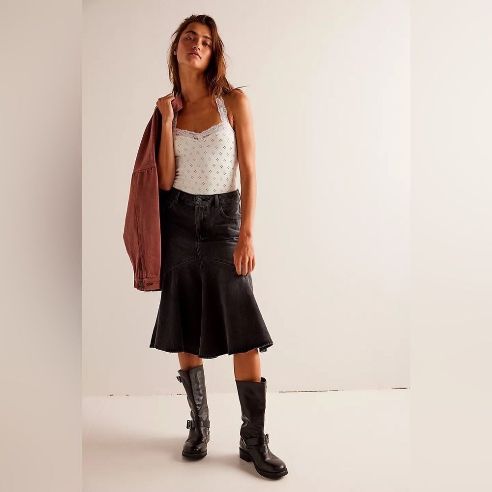 NWT We The Free Fishtail High Rise  Denim Skirt  MIDI in Black Sz 28